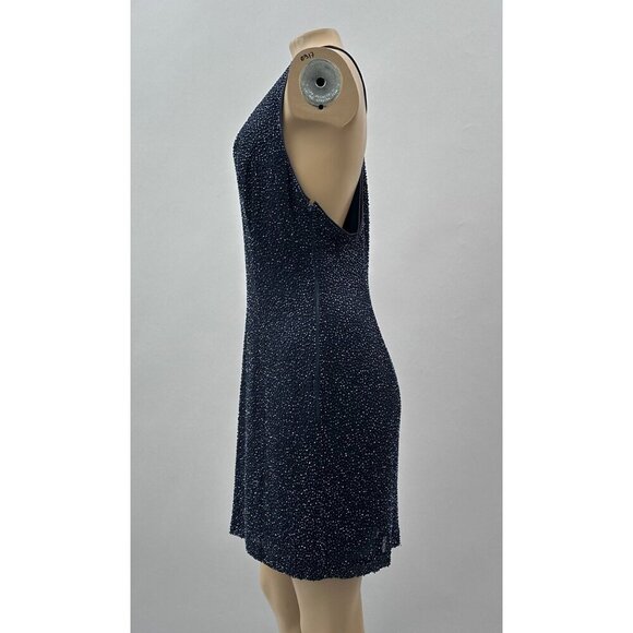 Y2K Bieff Basix Silk V-Neck Beaded Sleeveless Cocktail Dress Navy Blue Womens 12 - Picture 7 of 10